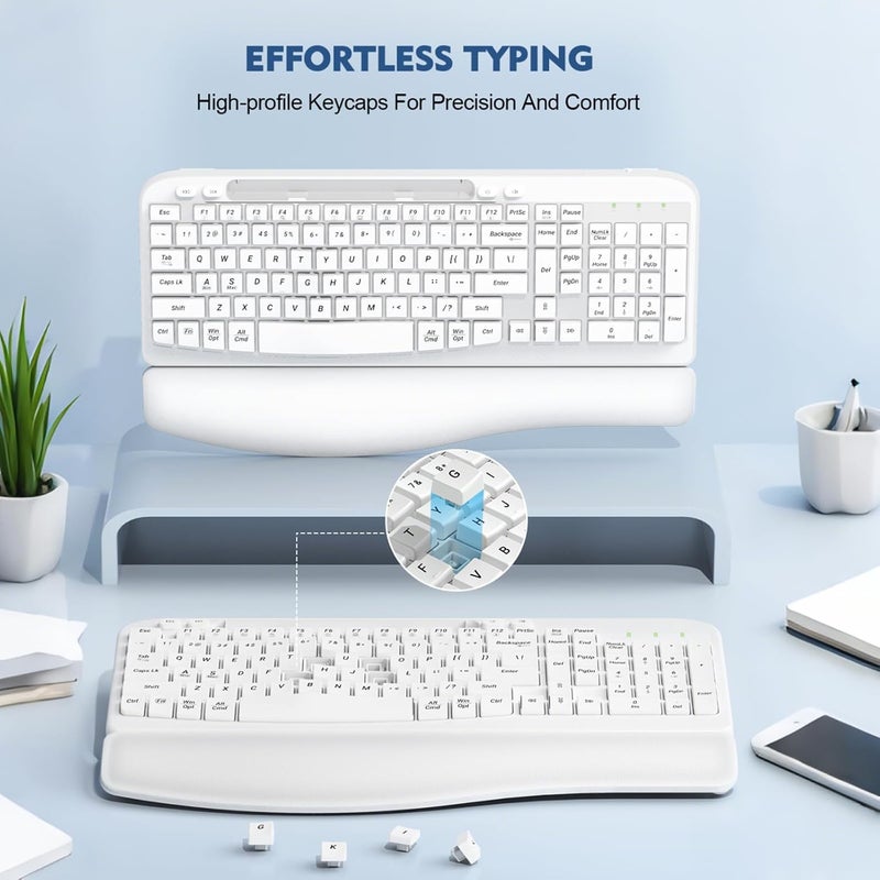 EAYBLLY Ergonomic Wireless Keyboard with Cushioned Wrist Rest, Wave Keys, Phone Holder, Comfortable Natural Typing, 2.4GHz Full Size Cordless USB Computer Keyboard for Windows, Mac OS, Laptop, PC (White) - Image 5